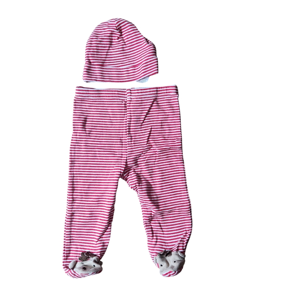 Gerber Cotton 2-piece Reindeer Striped Footed Pants & Hat 3-6 Months Red White